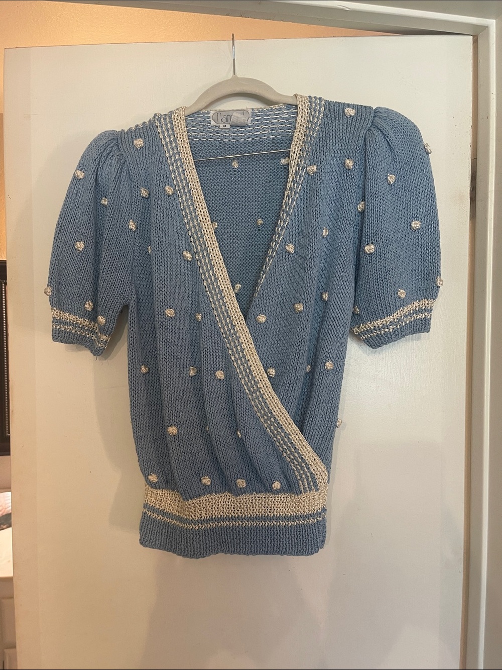 Vintage Nannell  puff sleeve polka dot knit top white and blue size medium